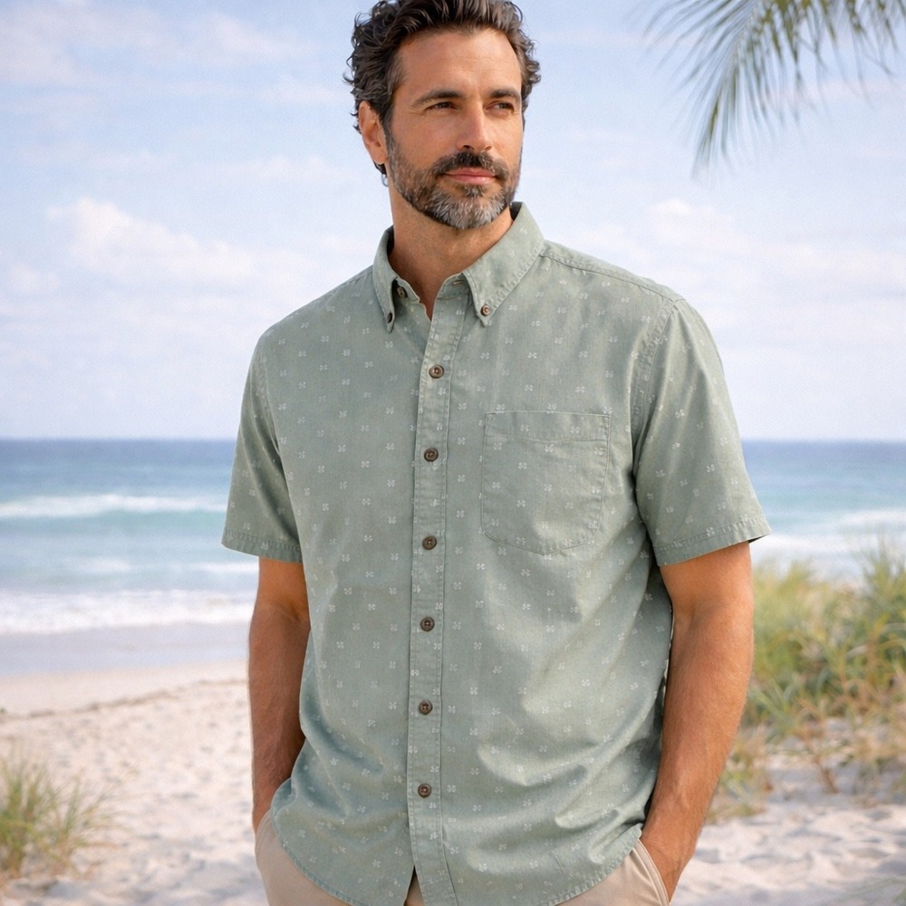 High Sierra Mens Short‎ Sleeve Button Down Shirt Sage Green Geometric L
